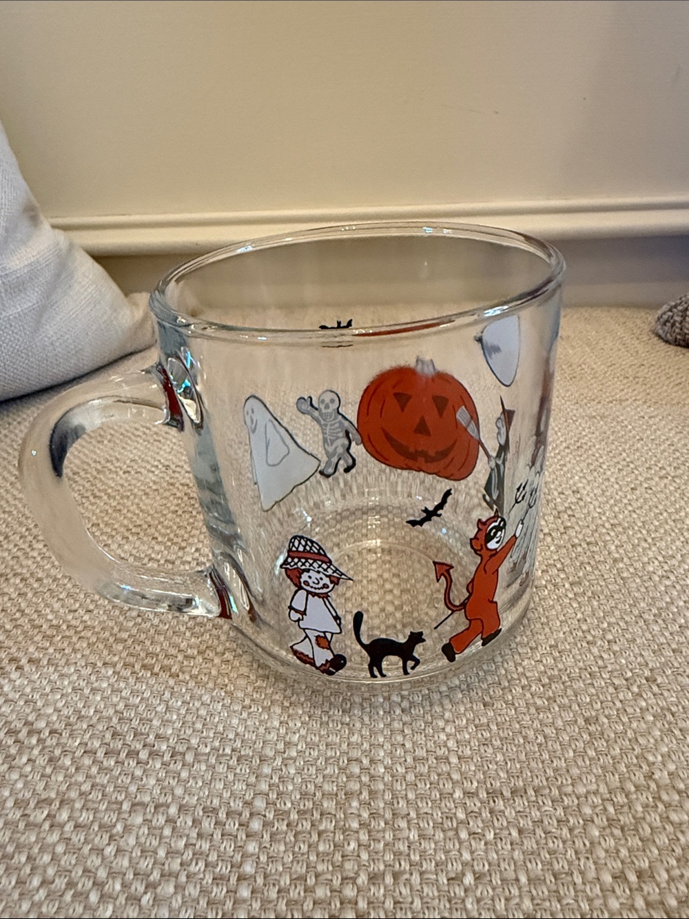 Glass Halloween Mug with Orange Pumpkin and Character Print
